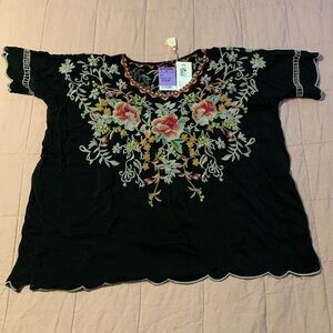 Johnny Was Black Top with Multicolor Floral Embroidery